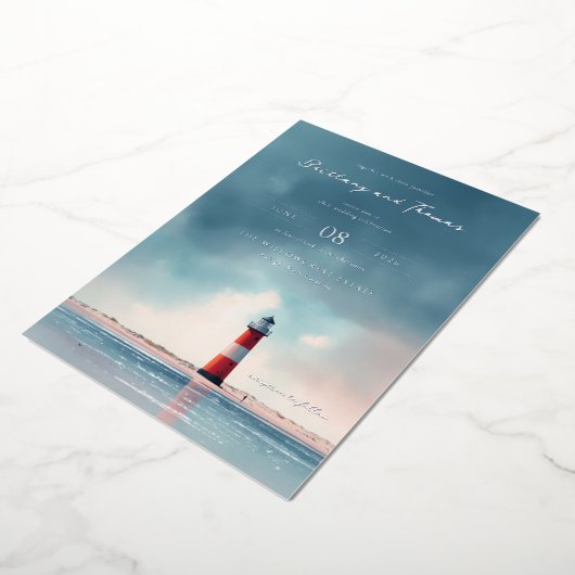 Romantic Blue Pink Lighthouse 箔招待状 (回転した状態)