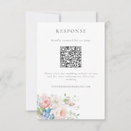 Romantic Blue & Pink Pastel Floral QR Code Wedding 出欠カード