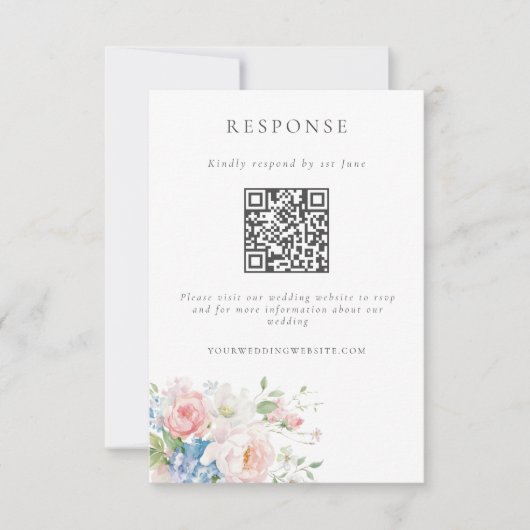 Romantic Blue & Pink Pastel Floral QR Code Wedding 出欠カード (正面)