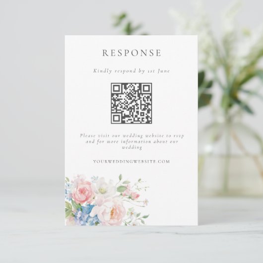 Romantic Blue & Pink Pastel Floral QR Code Wedding 出欠カード (スタンド正面)