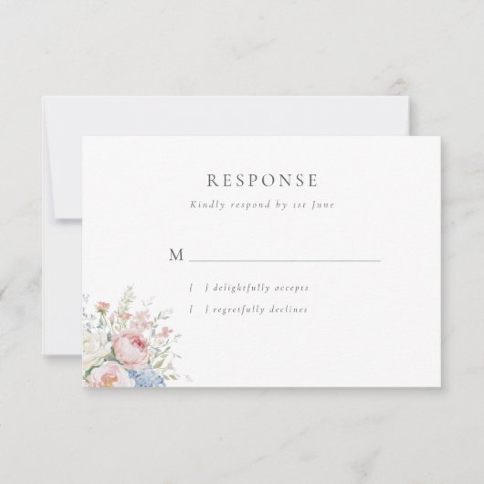 Romantic Blue & Pink Pastel Floral Wedding 出欠カード (正面)