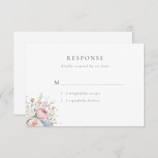 Romantic Blue & Pink Pastel Floral Wedding 出欠カード (正面/裏面)