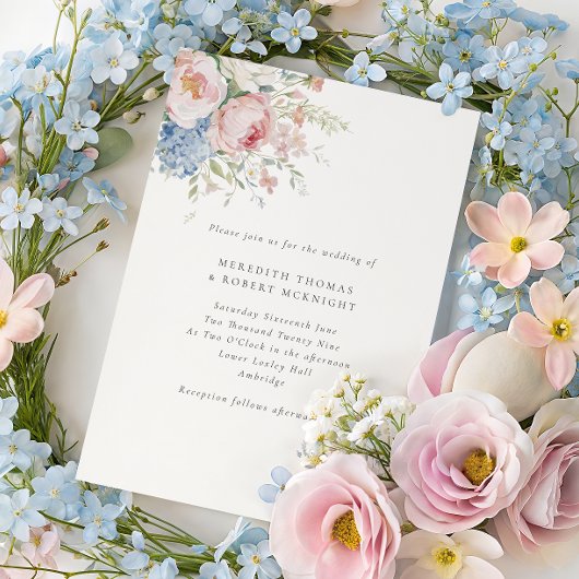 Romantic Blue & Pink Pastel Floral Wedding 招待状