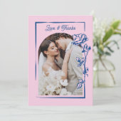 Romantic Blue Pink Rose Illustration Photo Wedding サンキューカード (スタンド正面)