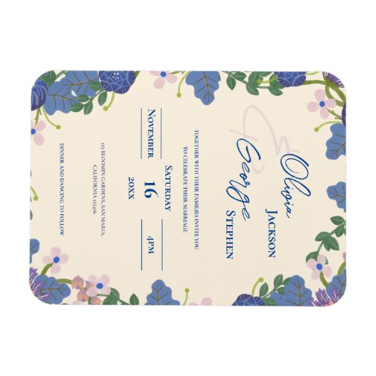 Romantic Blue Purple Floral Wedding Invitation マグネット (横)