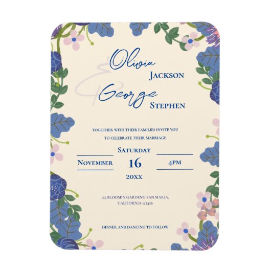 Romantic Blue Purple Floral Wedding Invitation マグネット (縦)