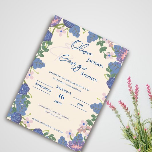 Romantic Blue & Purple Florals Garden Wedding 招待状
