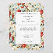 Romantic Blue Red Cream Roses Floral Wedding 招待状 (正面/裏面)