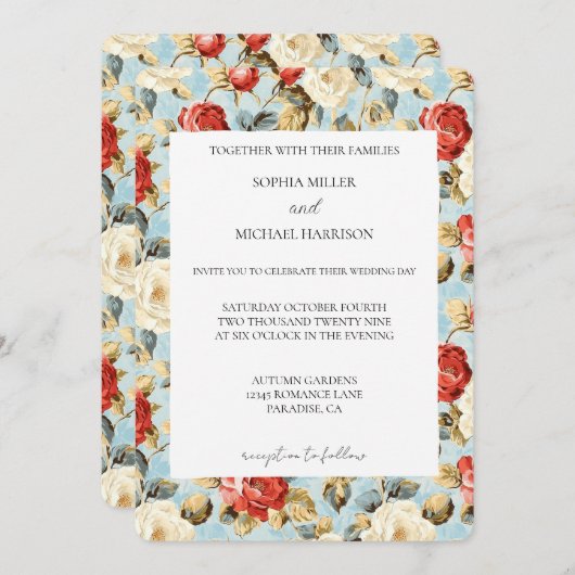 Romantic Blue Red Cream Roses Floral Wedding 招待状 (正面/裏面)