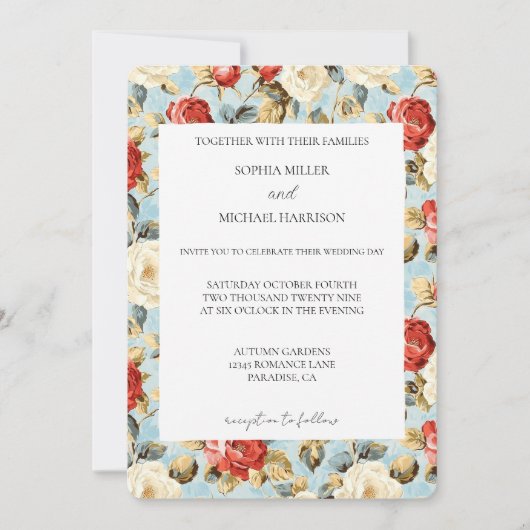 Romantic Blue Red Cream Roses Floral Wedding 招待状 (正面)