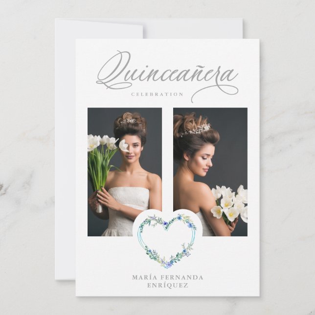 Romantic Blue Shades Floral Heart Photo XV años (正面)