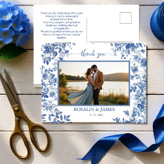 Romantic Blue Toile QR code Photo Thank You ポストカード