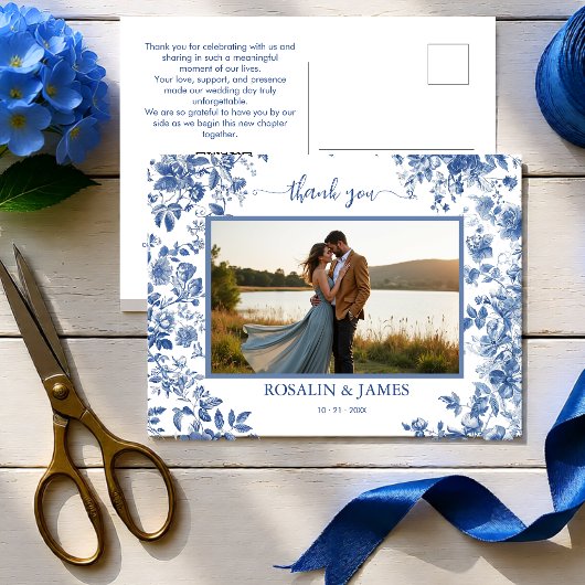 Romantic Blue Toile QR code Photo Thank You ポストカード