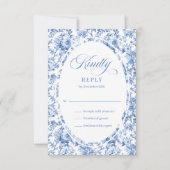 Romantic Blue Toile Roses Custom Wedding RSVP Card (正面)