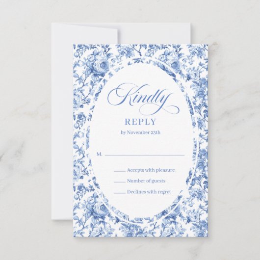 Romantic Blue Toile Roses Custom Wedding RSVP Card (正面)