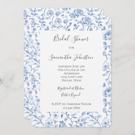 Romantic Blue White Floral Bridal Shower 招待状 (正面/裏面)