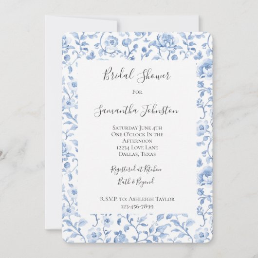 Romantic Blue White Floral Bridal Shower 招待状 (正面)