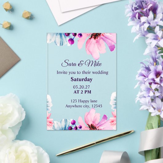 Romantic Blush & Blue Wedding Invitation  アクリル招待状 (インサイチュ (ウェディング))