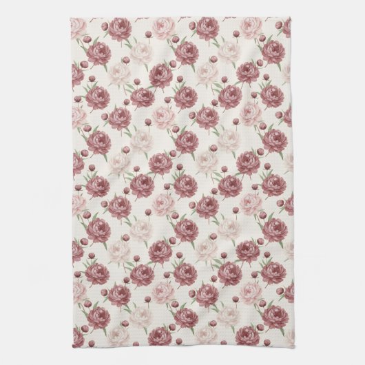 Romantic Blush & Burgundy Peony Floral Pattern キッチンタオル (縦)