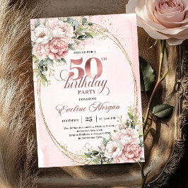 Romantic Blush Eucalyptus 50th Birthday Invitation 招待状