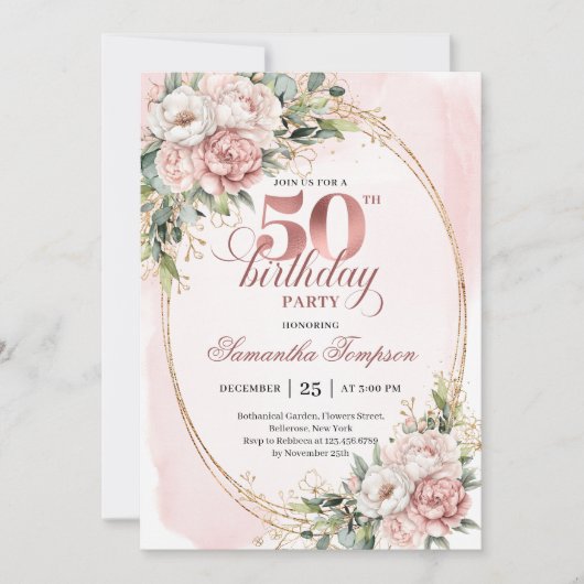 Romantic Blush Eucalyptus 50th Birthday Invitation 招待状 (正面)