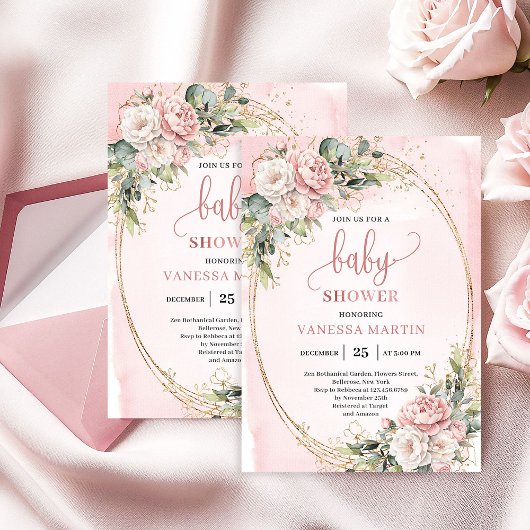 Romantic Blush Floral Greenery Girl Baby Shower 招待状