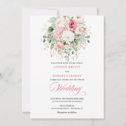 Romantic Blush Floral Greenery Wedding Invite 招待状 (正面)