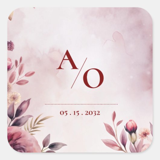Romantic Blush Floral Monogram Custom Wedding スクエアシール (正面)