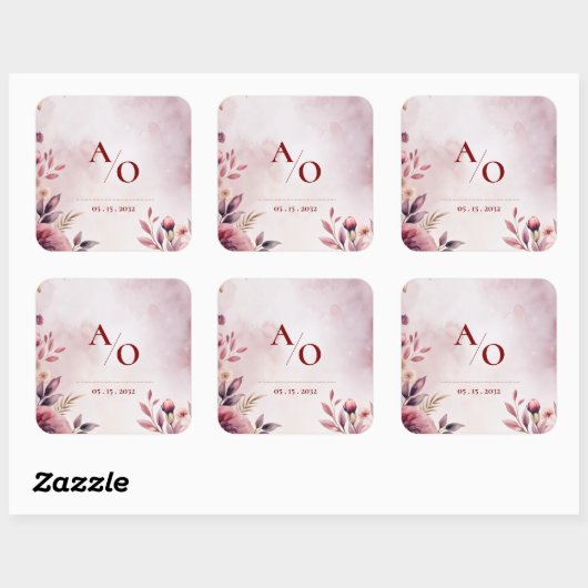 Romantic Blush Floral Monogram Custom Wedding スクエアシール (シート)