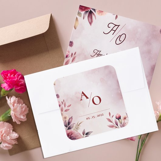 Romantic Blush Floral Monogram Custom Wedding スクエアシール