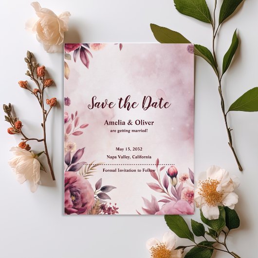 Romantic Blush Floral Wedding Save the Date インビテーションポストカード
