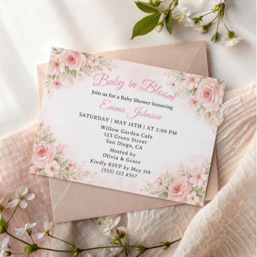 Romantic Blush Garden Baby in Bloom Invite 招待状