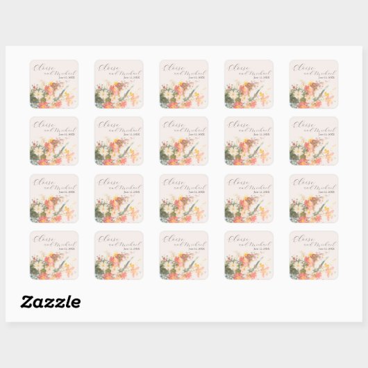 Romantic Blush Painted Floral Wedding スクエアシール (シート)