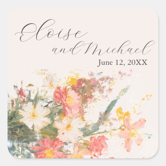 Romantic Blush Painted Floral Wedding スクエアシール (正面)