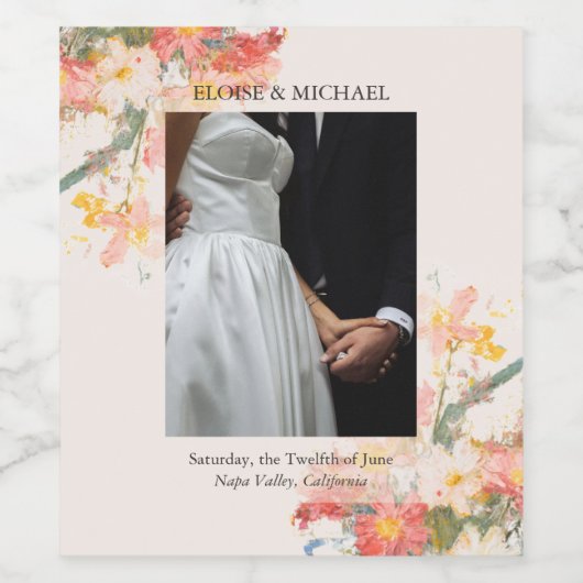 Romantic Blush Painted Floral Wedding ワインラベル (シングルラベル)