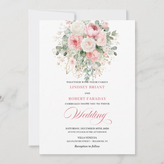 Romantic Blush Peonies Gold Floral Wedding Invite 招待状 (正面)