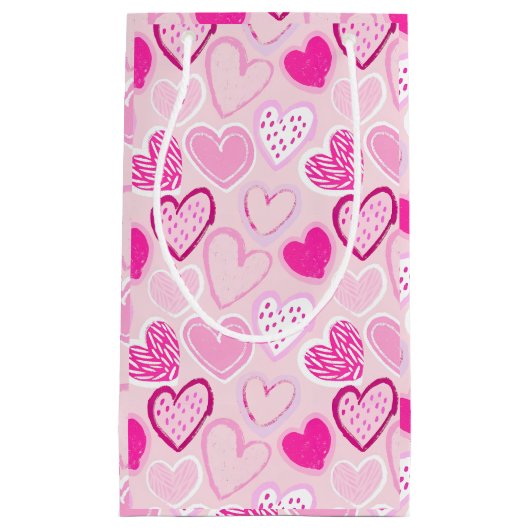 Romantic Blush Pink and Magenta Patterned Heart スモールペーパーバッグ (正面)