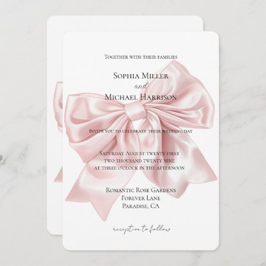 Romantic Blush Pink Bow Wedding 招待状 (正面/裏面)