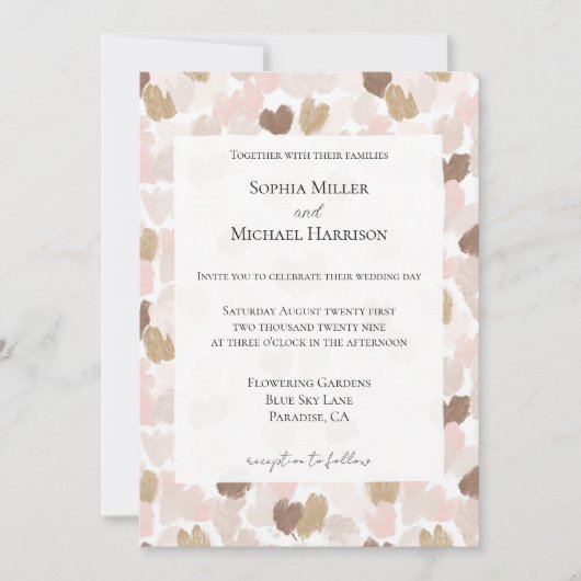 Romantic Blush Pink Brown Cream Hearts Wedding 招待状 (正面)