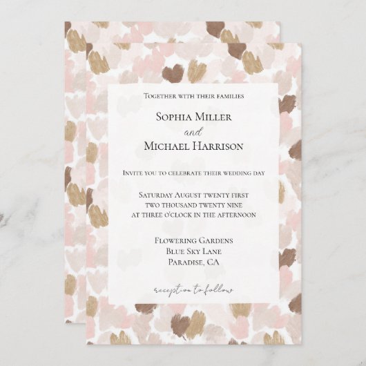 Romantic Blush Pink Brown Cream Hearts Wedding 招待状 (正面/裏面)