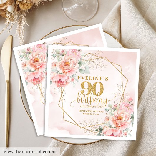 Romantic blush pink floral 90th birthday paper  スタンダードランチョンナプキン