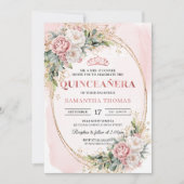 Romantic Blush Pink Floral Greenery Quinceañera 招待状 (正面)