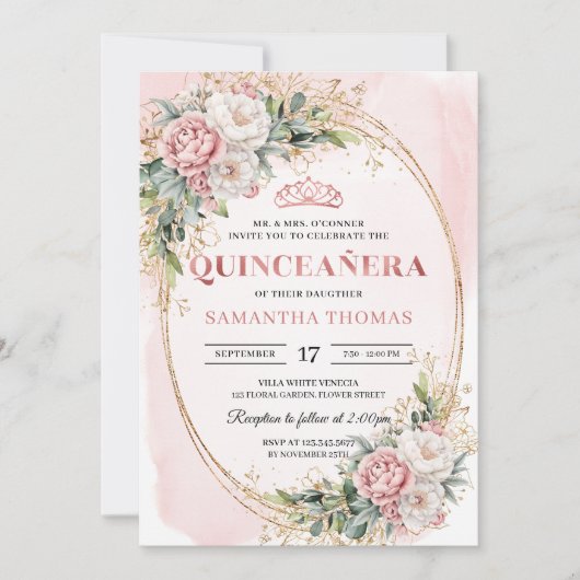 Romantic Blush Pink Floral Greenery Quinceañera 招待状 (正面)