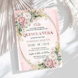 Romantic Blush Pink Floral Greenery Quinceañera 招待状