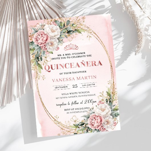 Romantic Blush Pink Floral Greenery Quinceañera 招待状