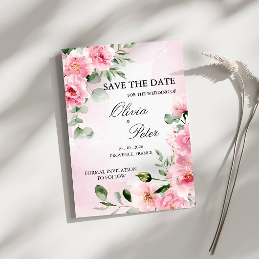 Romantic Blush Pink Floral Save the Date 招待状