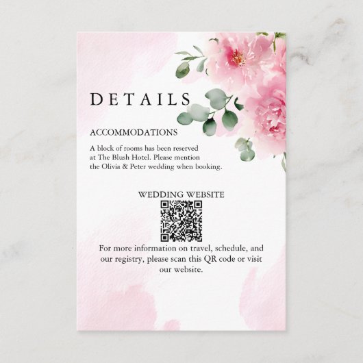 Romantic Blush Pink Floral Wedding Details Card エンクロージャーカード (正面)