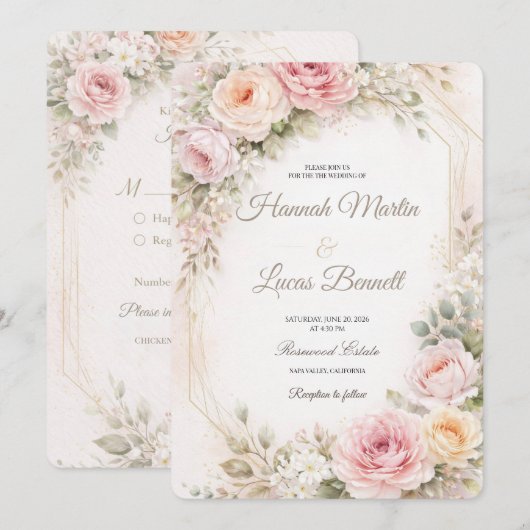 Romantic Blush Pink Floral Wedding Invitation 招待状 (正面/裏面)