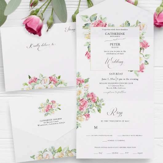 Romantic Blush Pink/Ivory Watercolor Roses Wedding オールインワン招待状