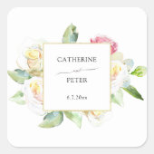 Romantic Blush Pink/Ivory Watercolor Roses Wedding スクエアシール (正面)